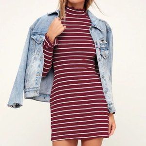 Burgundy and White Striped Long Sleeve Dress